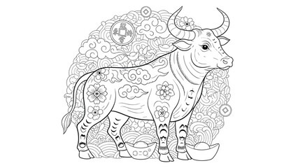 Fototapeta premium Intricately designed bull with floral patterns and symbolic motifs, Generative AI.