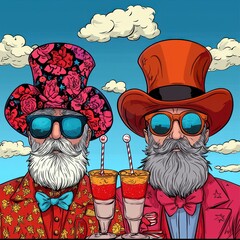 Pixel Art Portrait Two Elderly Men with Colorful Hats and Strawberry Drinks
