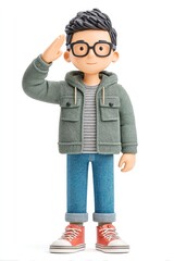 Pixel Art Young Man Saluting in Casual Wear, 3D Render