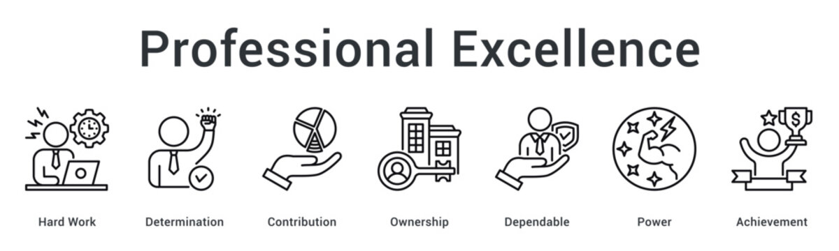 Professional excellence banner web icon showcasing hard work and determination with ownership leading to powerful achievements.
