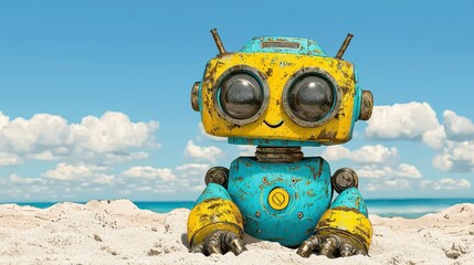 Pixelated Robot on Beach with Yellow and Blue Body Under Bright Blue Sky