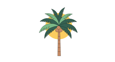 Cute cartoon illustration of a tropical palm tree with coconuts set against a large yellow sun, perfect for summer vacation themes.