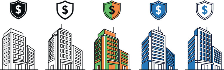Commercial Real Estate and Financial Protection Icon Set for Investment Security, Insurance, and Asset Management