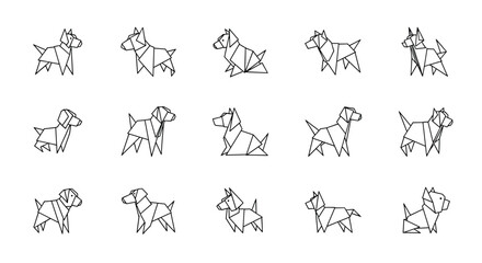 Collection of various dog breeds and poses illustrated in a minimalist black and white origami and geometric line art style.