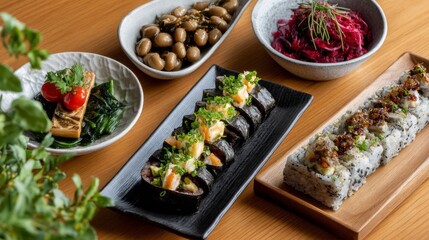 A vibrant display of Setsubun food showcases ehomaki sushi, pickled vegetables, and other traditional dishes arranged beautifully on a wooden table, inviting warmth and celebration