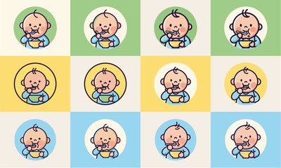 A grid of twelve cute cartoon illustrations of a happy baby eating food from a bowl with a spoon, set against various colorful backgrounds.