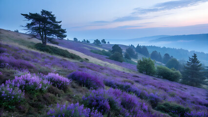 A hillside covered in lavender at dusk, with cool purple tones fading into blue