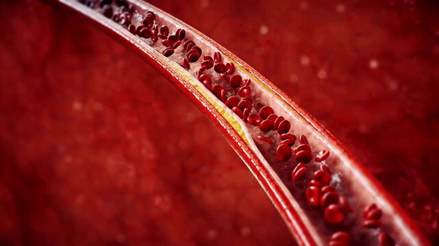 Medical animation showing atherosclerosis in a coronary artery with plaque buildup narrowing blood flow. Detailed healthcare visualization illustrating heart disease, cholesterol blockage