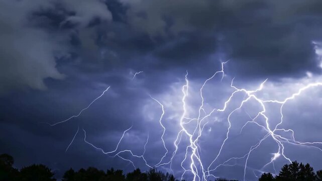 Realistic lightning bolts striking during a dark storm. Dramatic weather background with thunder clouds ideal for disaster or horror concepts.