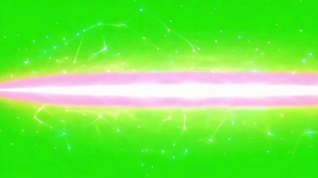 Anime-style laser blast or energy beam animation. Glowing pink and white light streak on chroma key green background for VFX compositing.