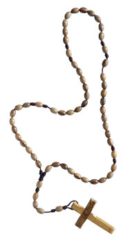 Wood rosary with a vertical orientation isolated on a transparent png background.