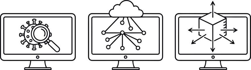 Data Analysis and Cloud System Architecture Line Icons for IT Monitoring and Scalable Infrastructure Designs
