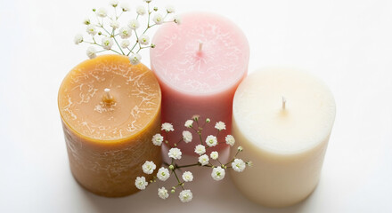 Three cylindrical candles, beige, pink, and ivory, arranged with white flowers on a white background, showcasing serenity and relaxation