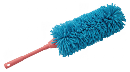 Blue duster with pink handle for cleaning tool isolated on a transparent background