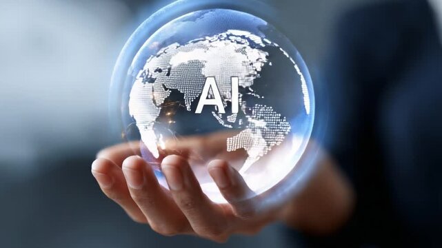 A person holds a glowing globe featuring a world map and prominent letters 'AI', symbolizing the global impact of artificial intelligence technology and its innovations.