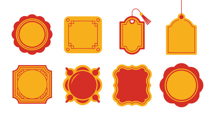 Gilded rosette labels and hanging tag frames vector set, scallop badges, wavy borders, festive packaging and invitation design graphics