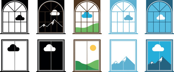 Window view icon collection vector illustration featuring indoor and outdoor scenes with clouds mountains landscape and weather variations for home, interior, and architectural design concepts