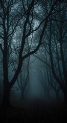 Naklejka premium A deeply unsettling, dark forest scene blanketed in thick fog with gnarled, shadowy trees creating a strong sense of dread and isolation ,twisted ,trees ,menacing