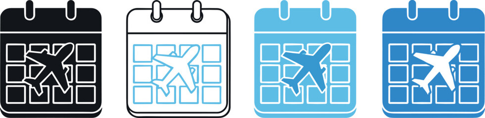 Travel calendar and flight schedule icon set vector illustration featuring airplane symbols on date planner pages for trip planning, booking management, and tourism app design