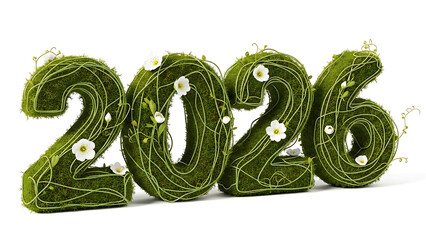 Eco Friendly 2026 Moss and Flower Design. Green 2026 Nature Concept for Sustainable Growth