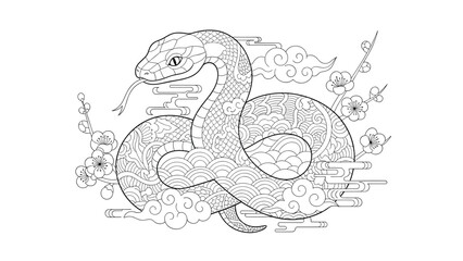 Fototapeta premium Intricate snake design with floral patterns and waves, Generative AI.