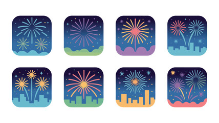 Fireworks app icon illustration set with night sky squares, city skyline, colorful bursts, festival celebration graphics for New Year events