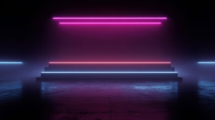 Set of stairs in a dark room illuminated by neon lights, creating a vibrant and captivating atmosphere. Professional commercial content. Commercial. High-resolution. High-res. Premium quality.