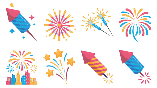 Fireworks and rocket icons vector illustration set with confetti, star bursts, streamers, party celebration elements for New Year festival graphics
