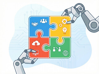 Robotic arms assembling a four-piece puzzle representing business, technology, and collaboration.