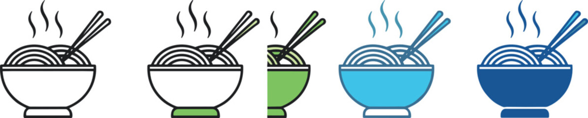 Hot noodle bowl icon set vector illustration featuring steaming ramen bowls with chopsticks in multiple colors for Asian food menu, restaurant branding, and culinary design concepts