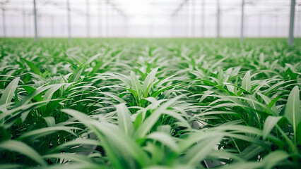 Rows of fresh green plants growing in a large greenhouse under bright artificial lights