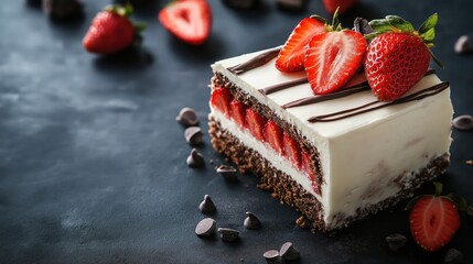 Piece of chocolate cake with icing and fresh berry on dark isolated background
