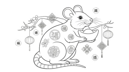 Obraz premium Chinese New Year rat holding bowl surrounded by lanterns and symbols, Generative AI.