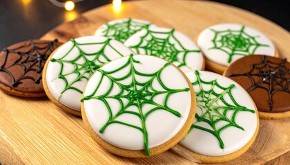 Halloween cookies with spiderweb icing on a wooden board with festive lights in background