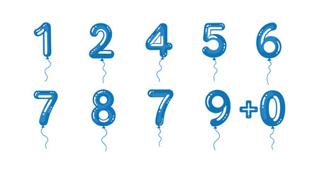 Complete set of blue number-shaped balloons from zero to nine including a plus sign floating on strings for birthday celebrations.