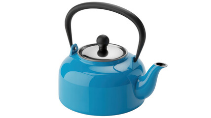 Blue shiny kettle with black handle and lid blue kettle isolated on a transparent background