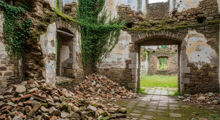 Crumbling interior view of an old building, featuring archways, broken walls, debris, and emerging greenery. The passage of time is evident