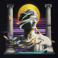 Woman with a human face standing in front of two pillars, illuminated by a bright light in the background. Professional commercial content. Commercial. High-resolution. High-res. Premium quality.