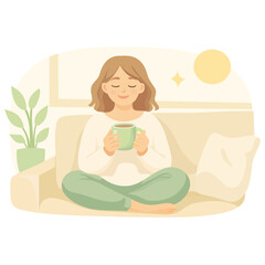 A woman sits and drinks coffee in the morning on a warm-colored sofa. A morning routine that embodies a healthy lifestyle.