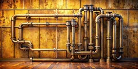 Intricate network of aged metallic pipes against a rustic gold wall, a captivating industrial design element