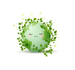 Green globe with leaves and a smiley face on it, set against a white background. Professional commercial content. Commercial. High-resolution. High-res. Premium quality. Premium. Professional grade.