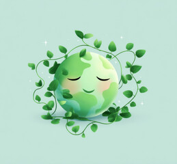 Green globe with a smiley face surrounded by leaves on a blue background. Professional commercial content. Commercial. High-resolution. High-res. Premium quality. Premium. Professional grade. Quality.