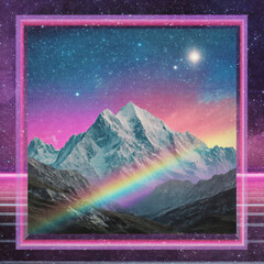 Majestic mountain range with a rainbow arching across it, illuminated by a starry night sky. Professional commercial content. Commercial. High-resolution. High-res. Premium quality. Premium.