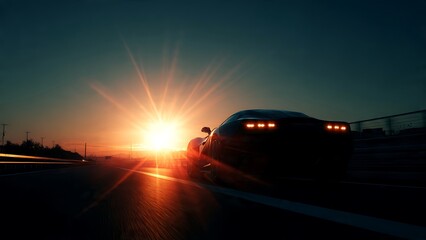 Silhouette of a car driving on a highway at sunset with lens flare