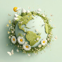 Green globe surrounded by white daisies and butterflies, with a yellow object in the center. Professional commercial content. Commercial. High-resolution. High-res. Premium quality. Premium.