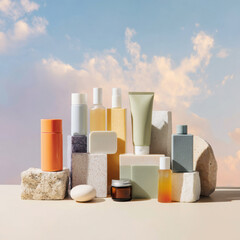 Group of bottles of skincare products sitting on top of a table, with a sky full of clouds in the background. Professional commercial content. Commercial. High-resolution. High-res. Premium quality.