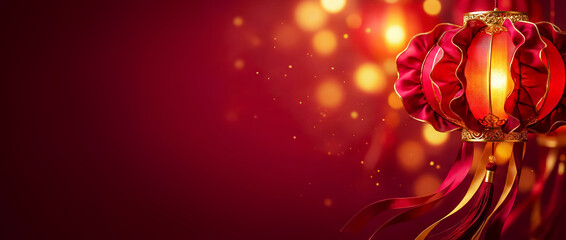 banner with a red lantern with gold ribbons sways in a gentle breeze, bright sparks flying against a red background, copy space for Chinese New Year greetings