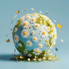 Globe with daisies and butterflies flying around it, set against a blue background. Professional commercial content. Commercial. High-resolution. High-res. Premium quality. Premium. - Professional