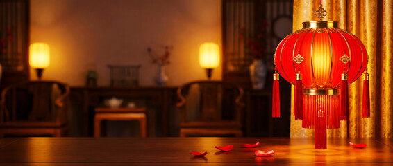traditional red lantern with tassels in a hotel lobby or home, a Chinese New Year interior decoration, copy space for greetings