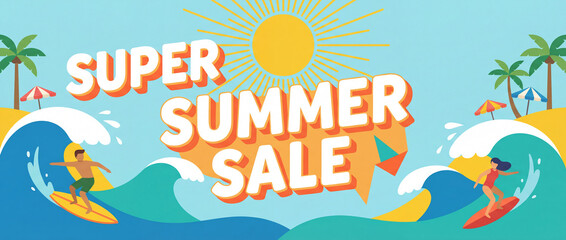 A vibrant illustration of a "Super Summer Sale" banner with people surfing on ocean waves under a bright sun and palm trees on a tropical beach.